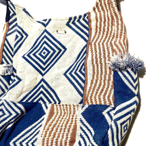 Roxy Boho Shoulder Bag Geometric Woven Hobo Tote Blue Tan Slouchy Canvas-AC133 - Picture 7 of 8